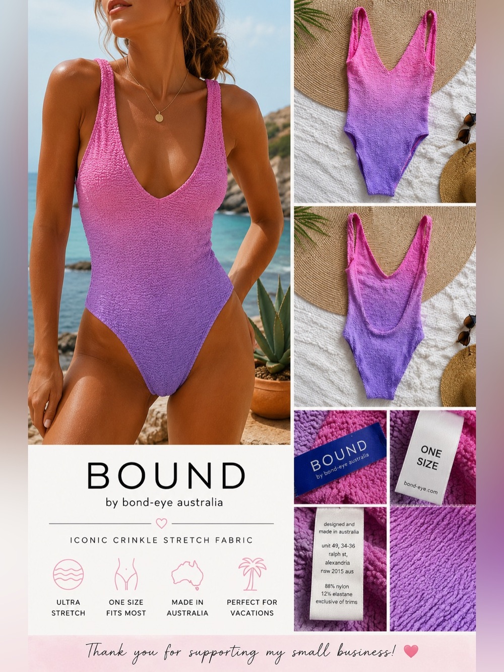 BOUND by Bond-Eye Australia One Size Pink Purple Ombré Crinkle One Piece